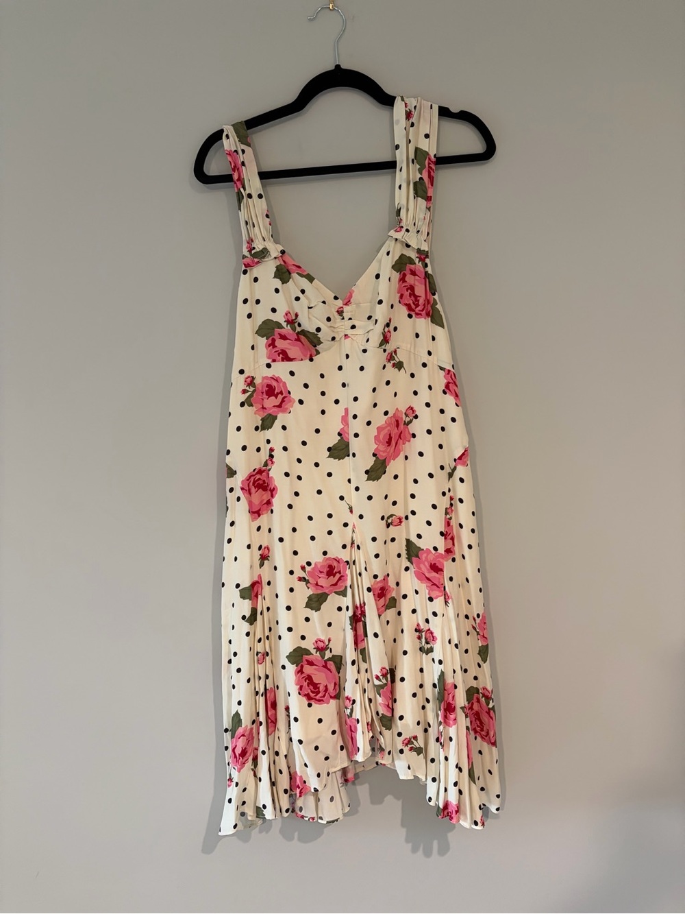 LNA Cream Mini Dress with Pink Rose & Black Polka Dots